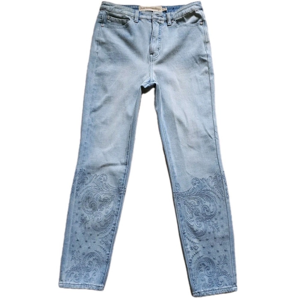 Soft Surroundings 8P Petite Embroidered Beaded Light‎ Wash Denim Slim High Waist